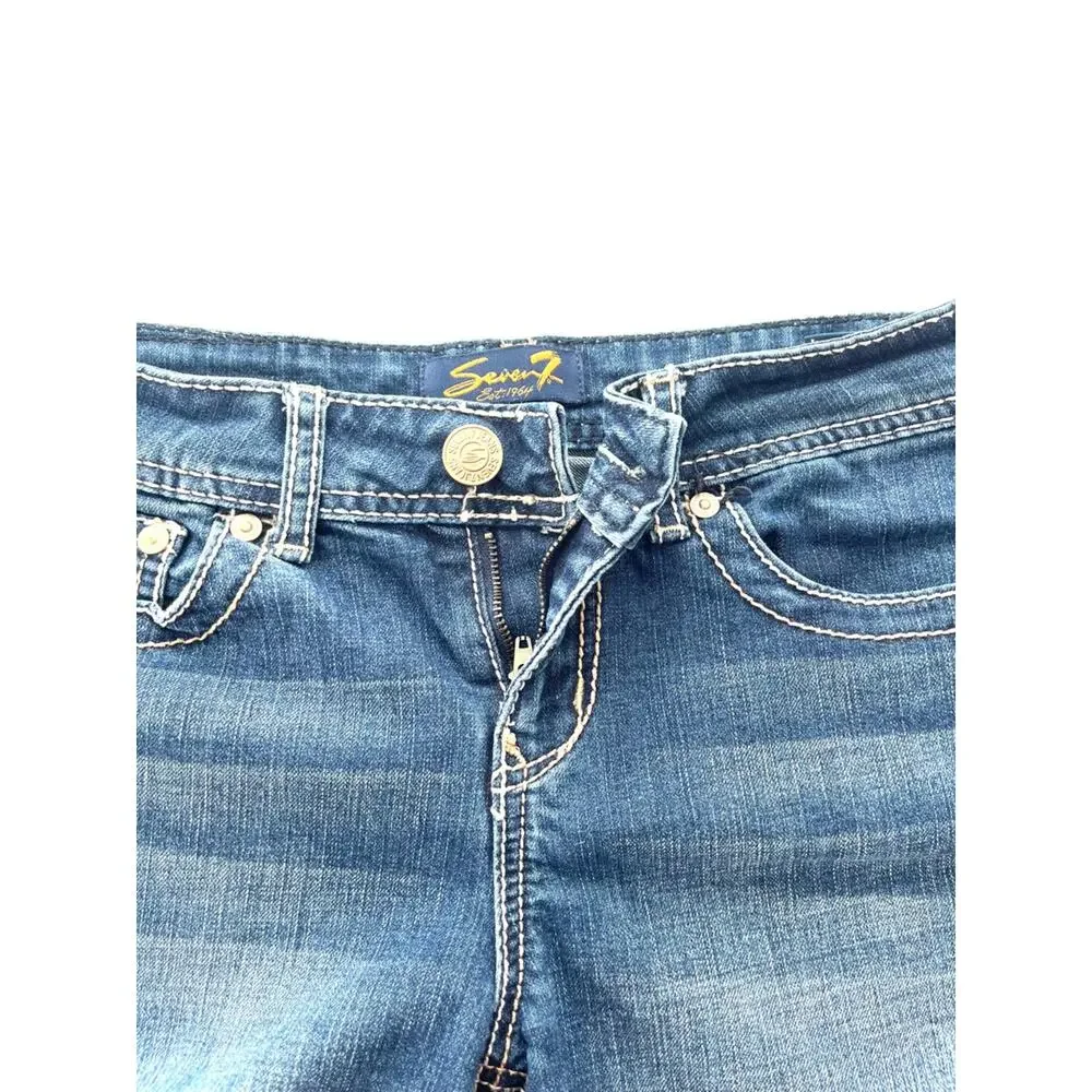 2000s Y2K Women's Long Jean Shorts Medium Seven7 Dark Wash Denim Jorts Bermudas